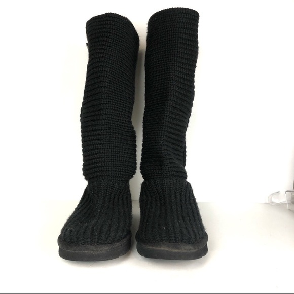 UGG Women’s Crochet Shearling Classic Cardy Black Knit Fold Over Button Boots - Picture 2 of 9